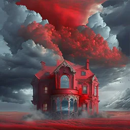 Add more windows to the design. change the sky to a decadent red, storm clouds.