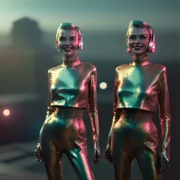 Ultra Realistic scene, retro futuristic style, 1960 fashion sci-fi. 2 cyber Women, smile, happy. highly detailed, concept art, unreal engine 5, ray tracing, RTX, lumen lighting, ultra detail, volumetric lighting, 3d, finely drawn, high definition, high resolution.