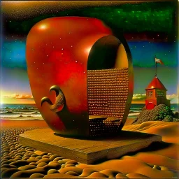 Odd red sculpture, realistic, beach, Max Ernst