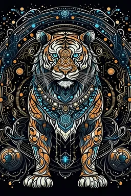 Illustrate an Astral Tiger in a cosmic desert, blending futuristic elements with mandala details. Sketch style, full body, on a black background