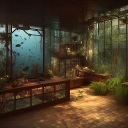 a gorgeous, stunning underwater deck with paned glass wall, dark wood floor, plants and foliage, iron bbq pit and intricate furniture, 8k resolution, high-quality, fine-detail, digital art, detailed matte, volumetric lighting, illustration, 3D octane render, brian froud, howard lyon, selina french, anna dittmann, annie stokes, lisa parker, greg rutowski, George Grie, Ben Goossens, Igor Morski