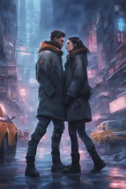 Science fiction, cyberpunk, city street, couple girl and guy, together, love at first sight, forbidden love, winter