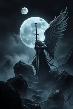 surreal dreamlike scene, stunning warrior fallen angel with sword, mystic gloomy, surreal dark shadows and pale light, stones, rocks, dark vibe, come strom , dark colors, , moon with black darkness, fog, detailed, spalh art, black and white art