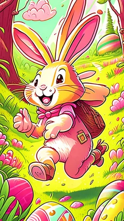 Easter bunny adventure, art, drawing, very illustrative, children book style, detailed, vibrant colors.