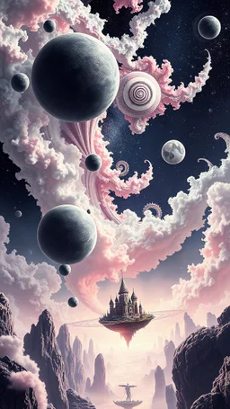 a surreal scene enhanced with fractal effects, blending natural and geometric elements into a mesmerizing composition. A cascading air of black-and-white warrior ichigo screaming, spheres, and spirals is adorned with intricate fractal patterns that ripple into pastel-hued mist resembling soft, cotton candy textures. These planets seamlessly merge into a fractalized dark space, creating a sense of infinite depth and movement. Below, the space energy ripple dynamically, and floating city of gods