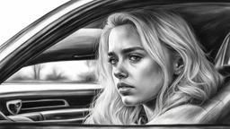 Black and white pencil sketch of a sad blonde driving a car, tears, photorealism, 3d, 64k, high resolution, hyperrealism, f/16, 1/300 s.