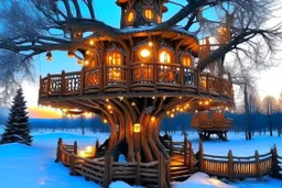 a huge tree in the middle of cold tundra wilderness, a warm and cozy treehouse on the tree, firelights, ornaments, christmas vibes, beautiful, comfy palace, home