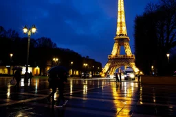 around Eiffel tower a few people with umbrella walking while it is raining at night and the Eiffel is seen complete