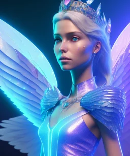 A crystalised queen, atmospheric, realistic, unreal engine, cinematic lighting, octane render. blue, pink, transparency, light, shine,bright, full body, transparent wings, blonde, long hair, nice smile