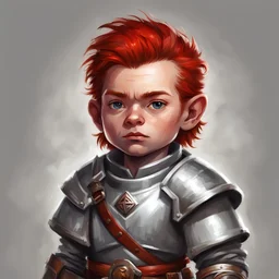 dnd, portrait of halfling cleric, silver red hair.