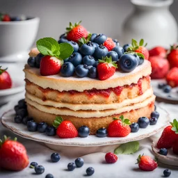 Victoria sandwich cake, decorated with strawberries, blueberries and mint closeup