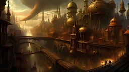 a stunning digital painting of a sprawling (steampunk city) with towering brass skyscrapers, intricate clockwork machinery, and billowing steam-filled streets, (Victorian era) architecture, atmospheric, moody lighting, dystopian, bustling metropolis, gears, cogs, gas lamps, steam-powered vehicles, flying airships, advanced technology, gritty, industrial, retro-futuristic, bustling marketplaces, (mechanical creatures), towering smokestacks, brass accents, rivets, (clockwork automatons), towering