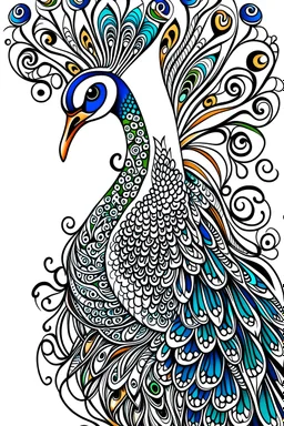 colorful art , free hand drawing themed, peacock symmetric patterns, full white, white background, Sketch style, (((((white background))))), with outline, cartoon style