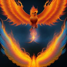 surreal illustration of a fiery phoenix, a flaming phoenix, realistic, surrealism, surreal phoenix with glowing fire wings, glowing soft and smooth wings, abstract surreal fantasy art, highly detailed, intricate patterns on wings, soft studio lighting, smooth dark blue background 64k