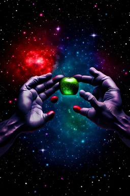 two hands and an apple stars in the galaxy