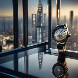 very close up of a very big luxury wrist watch with dark mirror glass stands on table in balcony skyscraper and reflects modern city environment image , to the camera ,centered.