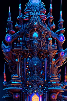Expressively detailed and intricate 3d rendering of a hyperrealistic “neon ancient temple”: front view, shinning neon, tribalism, gothic, shamanism, cosmic fractals, dystopian, dendritic, stylized fantasy art by Kris Kuksi, mati klarwein, artstation: award-winning: professional portrait: atmospheric: commanding: fantastical: clarity: 16k: ultra quality: striking: brilliance: stunning colors: amazing depth: masterfully crafted.