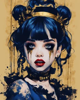 Poster in two gradually, a one side malevolent goth vampire girl face and other side the Singer Melanie Martinez face, painting by Yoji Shinkawa, darkblue and gold tones,