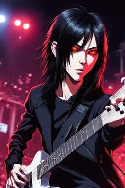 A portrait of 30 years old chthonic metal guitarist at a midnight concert, manly facial features, red creepy alien bug eyes, black hair, athletic build, dynamic, in the style of manga "Rosario+Vampire"