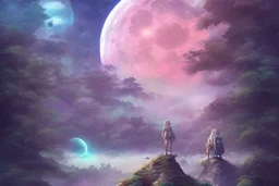 illustration concept art water color style for teenagers in other planet watching the moon and mountains having adventure two teenagers are walking mystery weird cretures mushroomsexiting