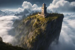 a needle thin tower on the top of a lonely steep massiv mountain reaching into the clouds. fantasy concept art, exquisite realism, a masterpiece, dynamic lighting, hyper detailed, intricately detailed, deep color, Unreal Engine, volumetric lighting , Epic cinematic brilliant stunning intricate meticulously detailed dramatic atmospheric maximal,