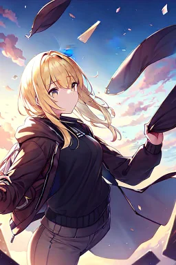 blonde girl falls with jacket fall from the sky, sky falling