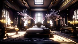 very huge wide luxury bedroom, very huge bed, Detailed. Rendered in Unity. chinese elements. Black, white and gold lighting. Holograms. add a sakura tree into the room. wuxia style, red curtain, many gun, cheery blossom, fantasy, gold cloud pattern, onsen in house, tech hologram, gold dragon statues, transparent fabric, purple dark bedroom, sofa, huge gold dragon statue, teal fabric, white fabric