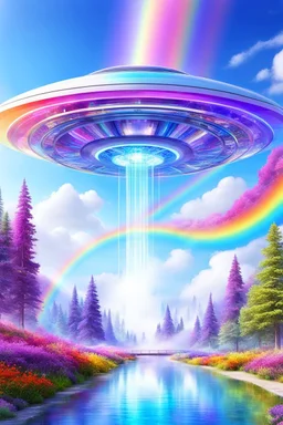 Ufo rainbow, futuriste ultra moderne,heaven,crystal very beautiful city,nature forest flowers colors