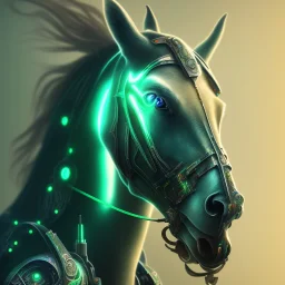 A beautiful portrait of a cyborg horse green color scheme, high key lighting, volumetric light high details psychedelic background