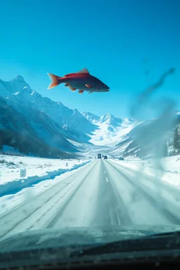 surreal mountain road seen through a dirty truck front window, dirty blue snow and wind, a red fish floating in the sky