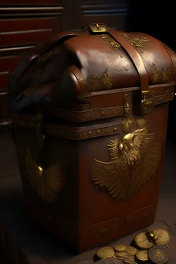 in the BASEMENT there is an old, broken brown oblong leather chest with short handles, with a hole on the side, gold coins from the time of Catherine the Great fall out of it. The ancient coat of arms of tsarist Russia, the double-headed eagle, is BARELY VISIBLE on the bag. All in high quality 8K