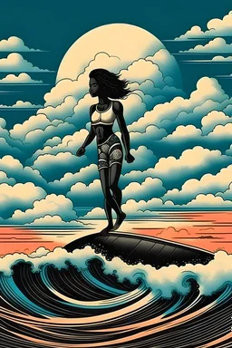 Mujer de piel negra de pie sobre tabla de surf surfeando entre las nubes estilo surrealista