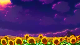 purple sky full of stars, sunflower field, anime, high res, makoto shinkai