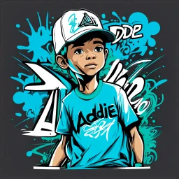 Vector t shirt art ready to print blue green light graffiti illustration of A boy Indonesia, hand drawing and a basecap with text "addie" On cap, white background.