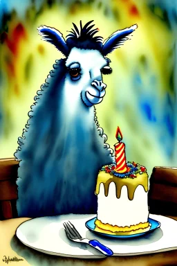 A cute llama is having a birthday cake. Watercolour