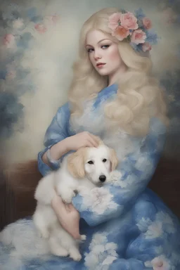 blue, large, woman, blonde, floral designs, atmospheric, beautiful, China Doll, Lap dog