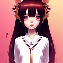 Japanese girl with big brown eyes and long black hair with bangs, cute, beautiful, kawaii, anime, cartoon