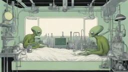 [art by W. Heath Robinson] two green extra terrestrial aliens in their experiment lab in the 60ties, tubes and cables and liquids everywhere, a large bed in the middle