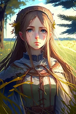 Anime, girl in medieval clothing in large field in the middle of the forest, HD, extreme detail in the face