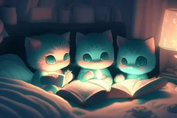 bioluminescent cute soft anime chibi kittens in a bedroom, reading a book by candlelight on the bed