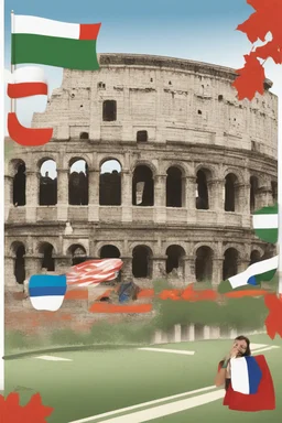 Imparare l'italiano. Gli studenti imparano la lingua, mentre dietro sullo sfondo l'alfabeto italiano. Il Colosseo e la bandiera italiana.