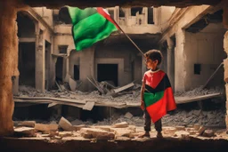 A Palestinian child in a broken building , Palestine flag, neon effect , close picture, highly detailed, high details, detailed portrait, masterpiece,ultra detailed, ultra quality