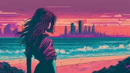 synth-wave beach & city, lone girl, iconic:1.8), comic style