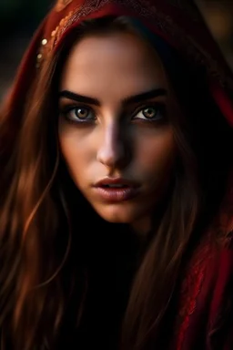a girl with long brown hair , almond shaped eyes, brown eyes, detailed, 4K, mystical, arabian nights, long eyelashes, red eyeshadow , moles on face