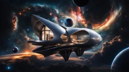 floats in big space a photorealistic futuristic unique house, outer space in a star nebula, streamlined futuristic spaceship floating in front, nebula behind, stars, tiny planets in the distance, dark blue deep space Professional photography, bokeh, natural lighting, canon lens, shot on dslr 64 megapixels sharp focus, stunnig, sharp focus