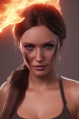 camilla luddington face, lara croft clothes, portrait busty and face, light effects, particles, explosion fire,