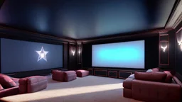 Generate an image of a sleek home cinema with our top-notch projectors and surround sound systems with a star-lined ceiling similar to a Rolls Royce in a high-rise penthouse