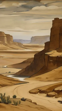 A brown wasteland desert near a canyon painted by Lyonel Charles Feininger