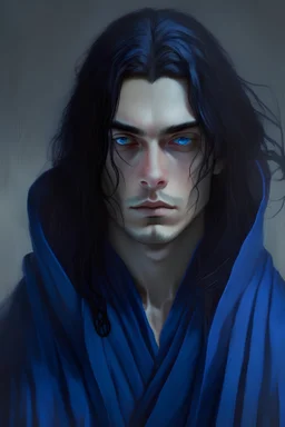 male, young, handsome, long dark blue hair, blue pupils, selfish, long robe, mysterious