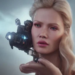 Ultra Realistic retro sci-fi movie scene, waist up view portrait, blonde woman pointing a gun, sweet young Claudia Schiffer face, perfect iris, glow eyes, makeup, weapon. Drones background, Retro sci-fi style, helmet, tight latex coat, fog, rain, soft color, highly detailed, unreal engine 5, ray tracing, RTX, lumen lighting, ultra detail, volumetric lighting, 3d, finely drawn, high definition, high resolution.